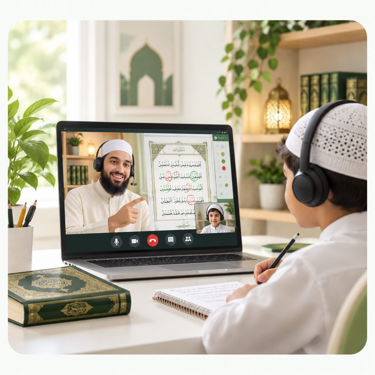 Child attending a live online Quran class with a teacher on a laptop screen